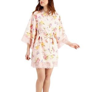 INC Pink Butterfly Floral Lace Trim Wrap Robe Large NWT